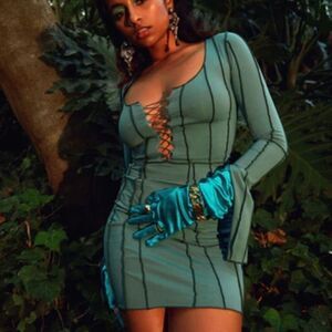 Finesse Karlie Green Lace Up Fitted Mini Dress Longsleeves